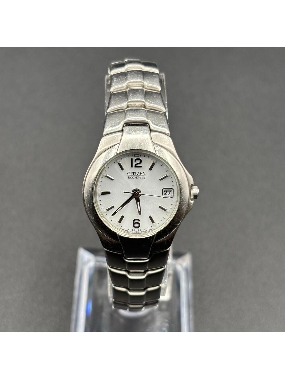 Citizen Eco-Drive Ladies Silver-Tone Watch w/ Date Bezel E010-S001633 Running
